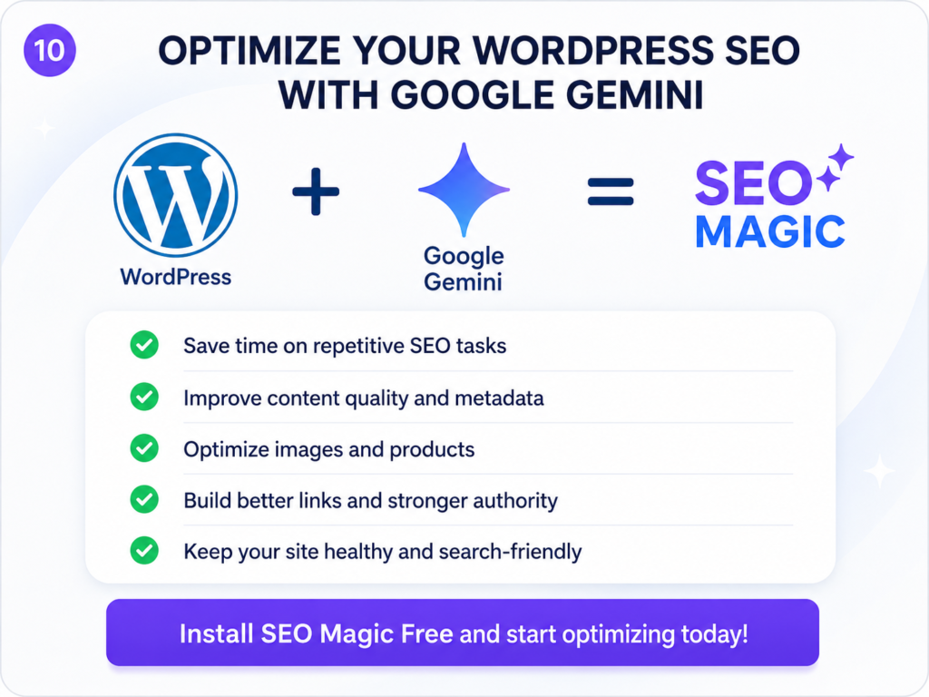 An infographic showing that WordPress plus Google Gemini equals SEO Magic, with a list of benefits including saving time on SEO tasks and improving content quality.