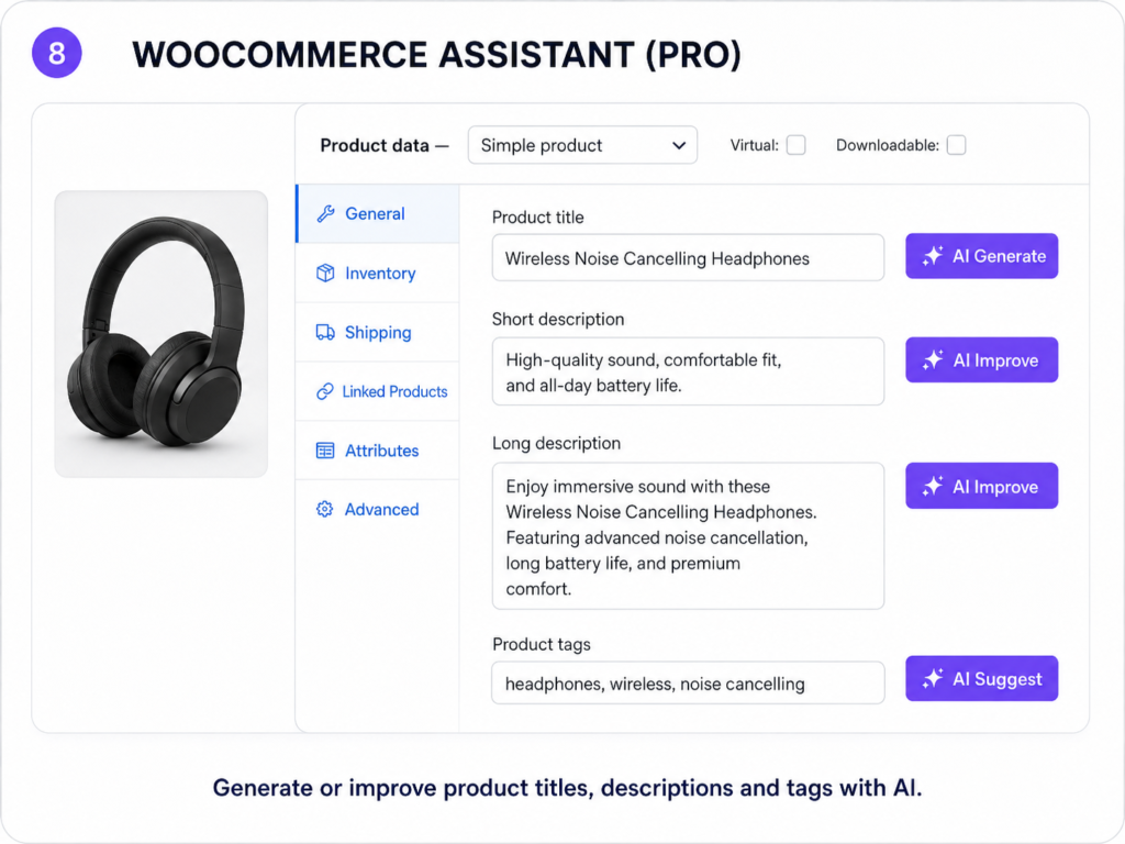 A WooCommerce product editing interface showing AI-powered buttons to generate or improve product titles, descriptions, and tags for a pair of wireless headphones.