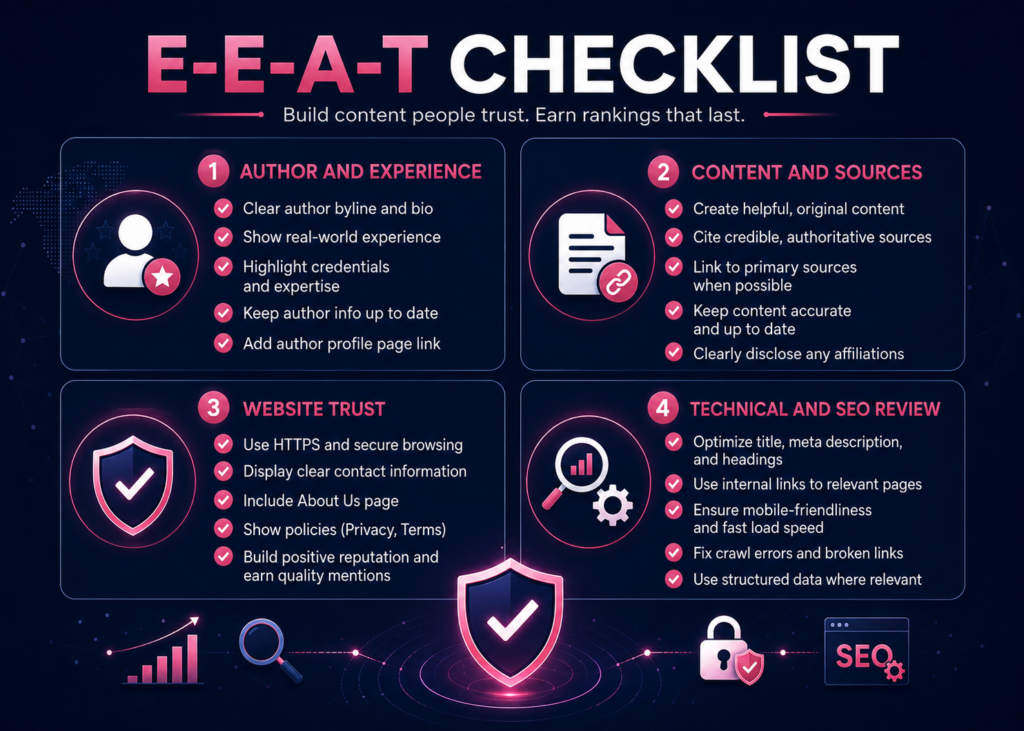 An infographic titled E-E-A-T Checklist outlining four key areas: Author and Experience, Content and Sources, Website Trust, and Technical and SEO Review.