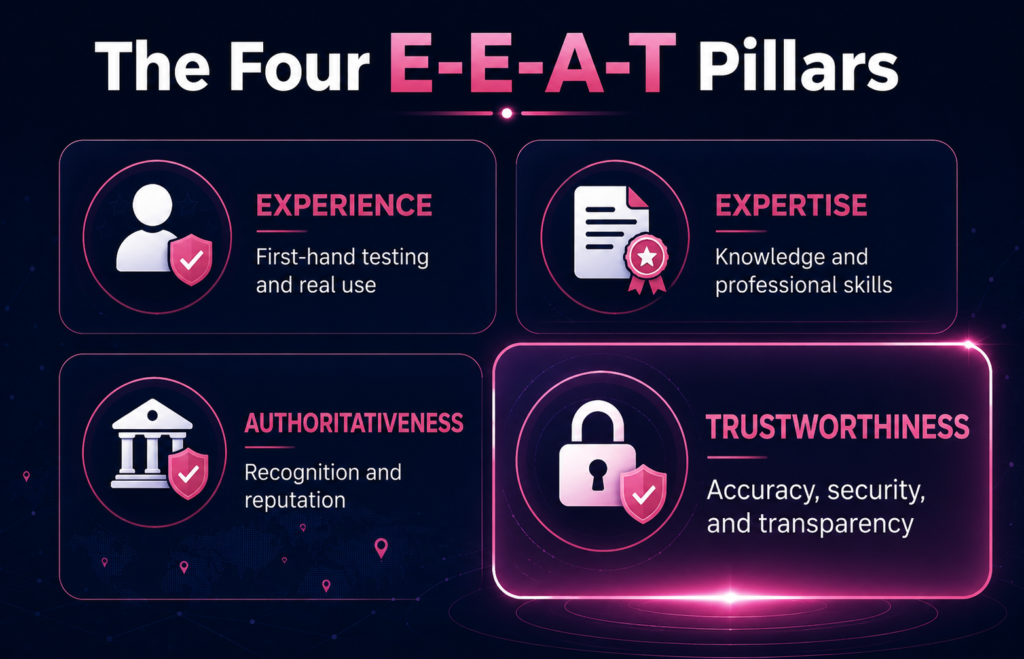 Infographic showing the four pillars of E-E-A-T: Experience, Expertise, Authoritativeness, and Trustworthiness, with Trustworthiness highlighted as the central component.