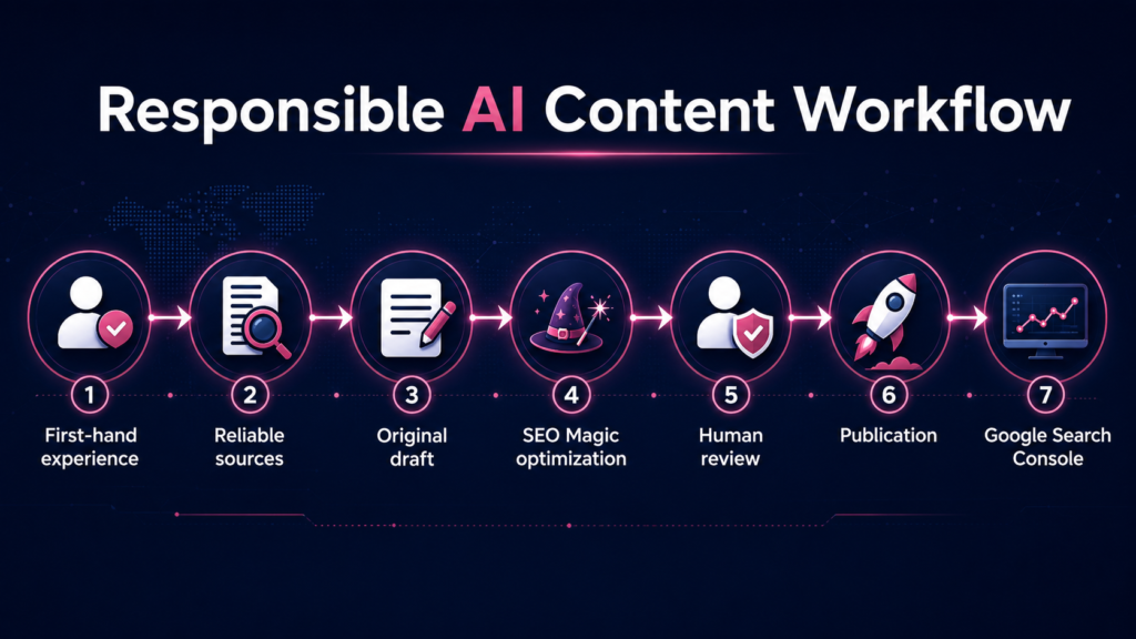 A seven-step infographic showing a responsible AI content workflow from first-hand experience to Google Search Console monitoring.