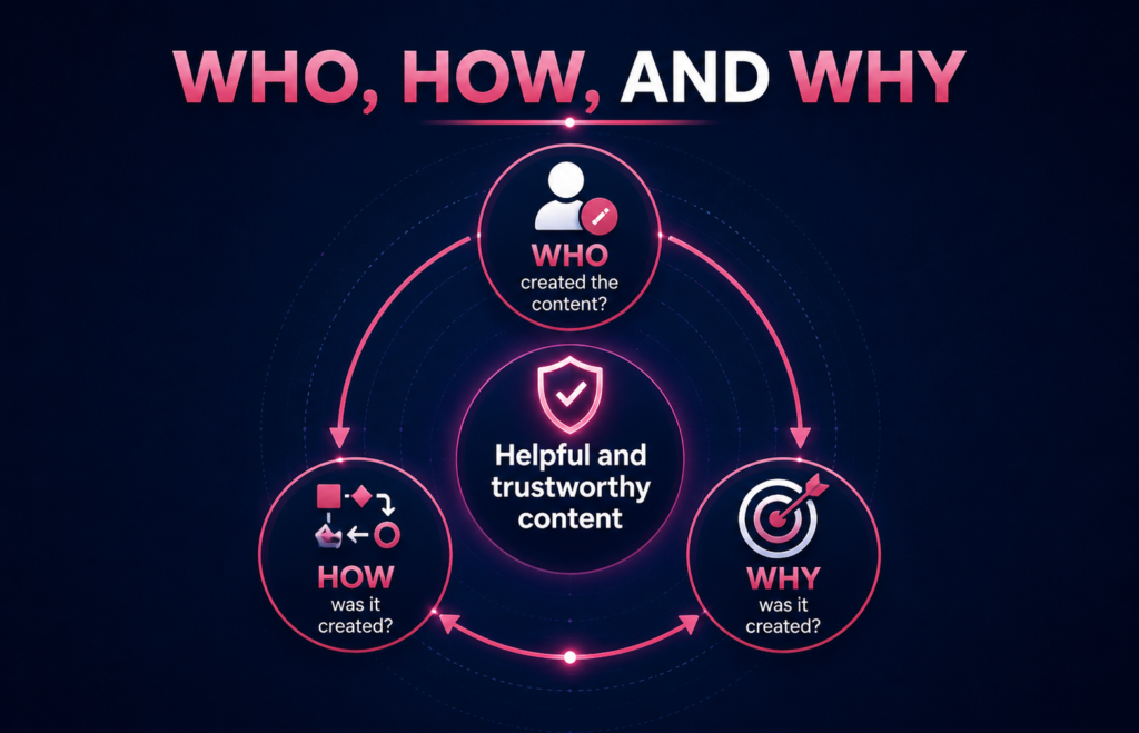 A circular diagram showing how 'Who created the content', 'How was it created', and 'Why was it created' all lead to 'Helpful and trustworthy content'.