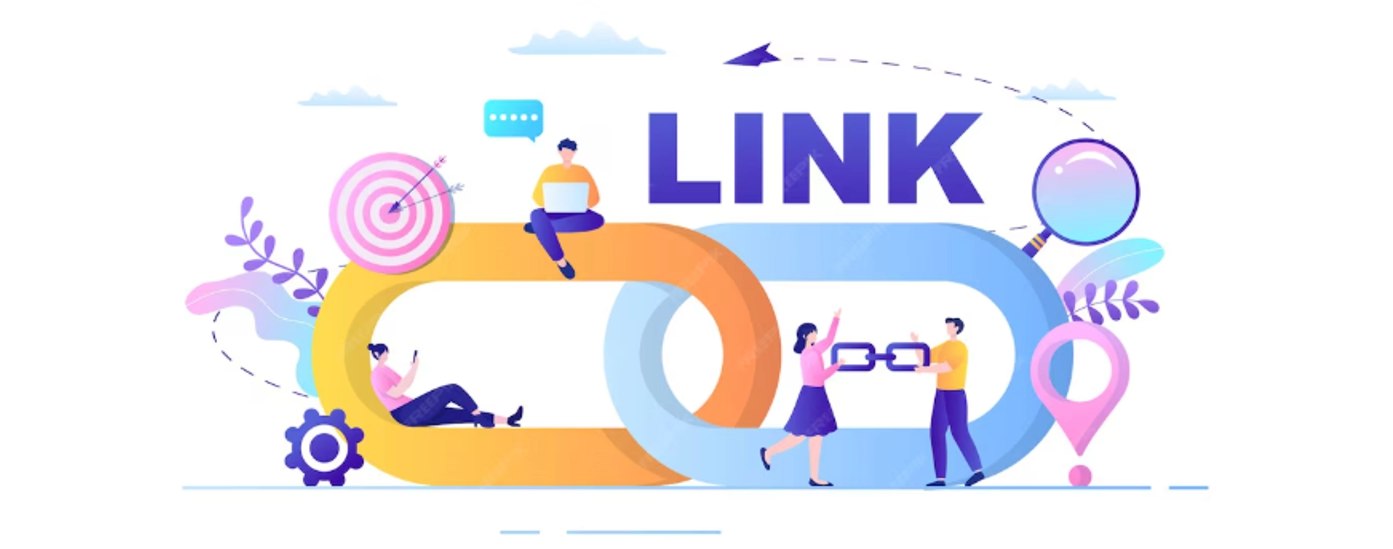 Illustration of people interacting with linked chain segments, representing internal linking strategy.