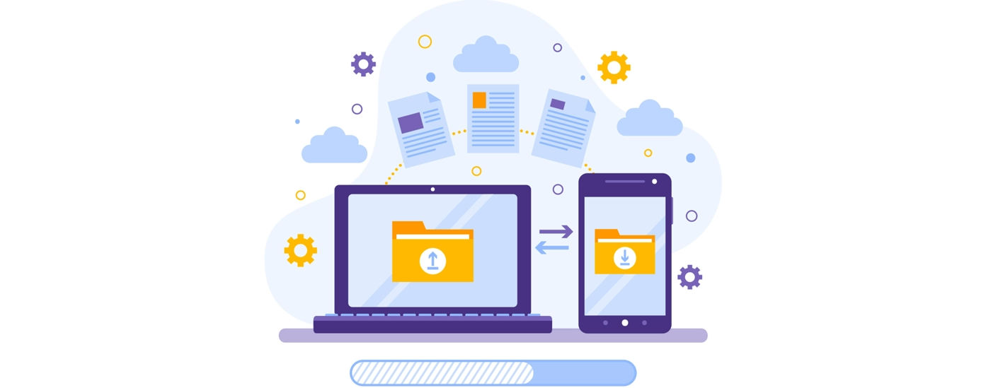 Illustration of log files being transferred between a laptop and a mobile phone.