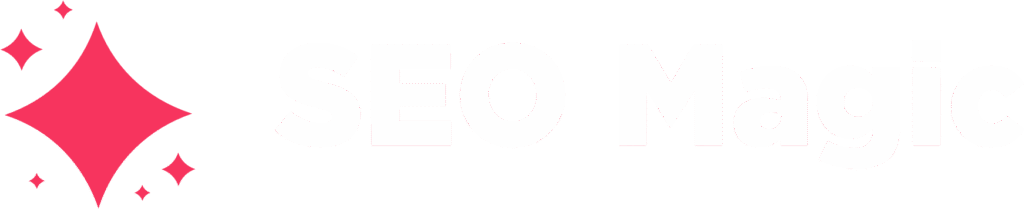 The logo for Magic SEO, featuring a bright pink sparkle icon to the left of the 'Magic SEO' brand name written in white text.