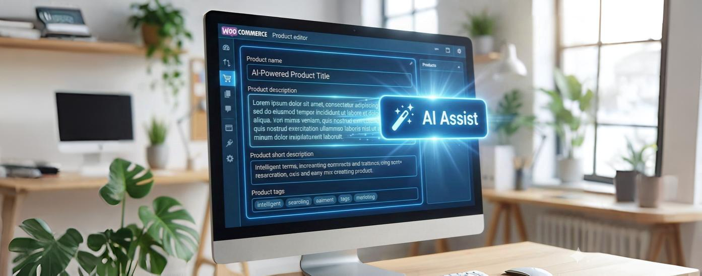 WooCommerce product editor on monitor, glowing 'AI Assist' button for generating product titles, descriptions, and tags.