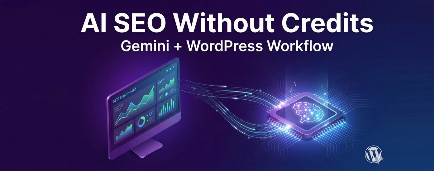 AI SEO workflow: monitor showing SEO dashboard, connected to an AI chip. Text: 'AI SEO Without Credits', 'Gemini + WordPress Workflow'.