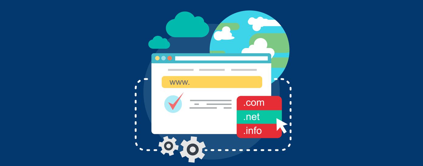 Illustration showing a web browser with 'www.' entered, next to a list of domain extensions like '.com', '.net', '.info', implying domain selection and global reach.