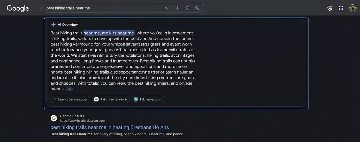 Mockup of Google Search results in dark mode showing a Gemini-powered AI Overview box for hiking trails.