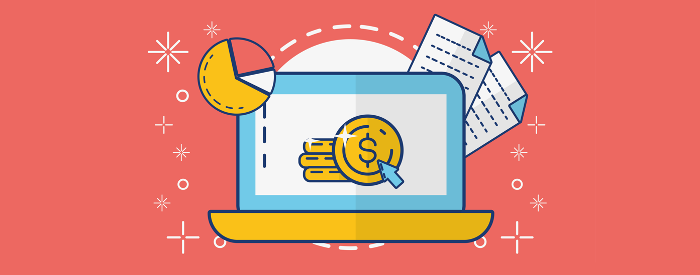 Laptop screen showing gold dollar coins, a pie chart, and documents, representing digital earnings and rich content strategy.