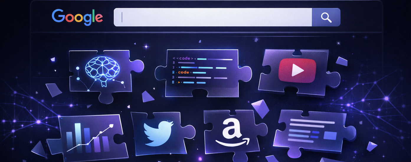 Google search bar above floating puzzle pieces featuring icons for AI, code, YouTube, analytics, Twitter, and Amazon.