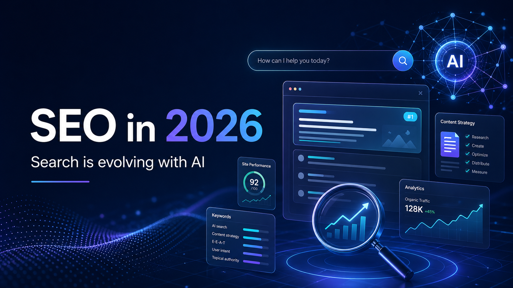 A futuristic digital dashboard showing search results, AI icons, and SEO performance metrics in neon blue hues.
