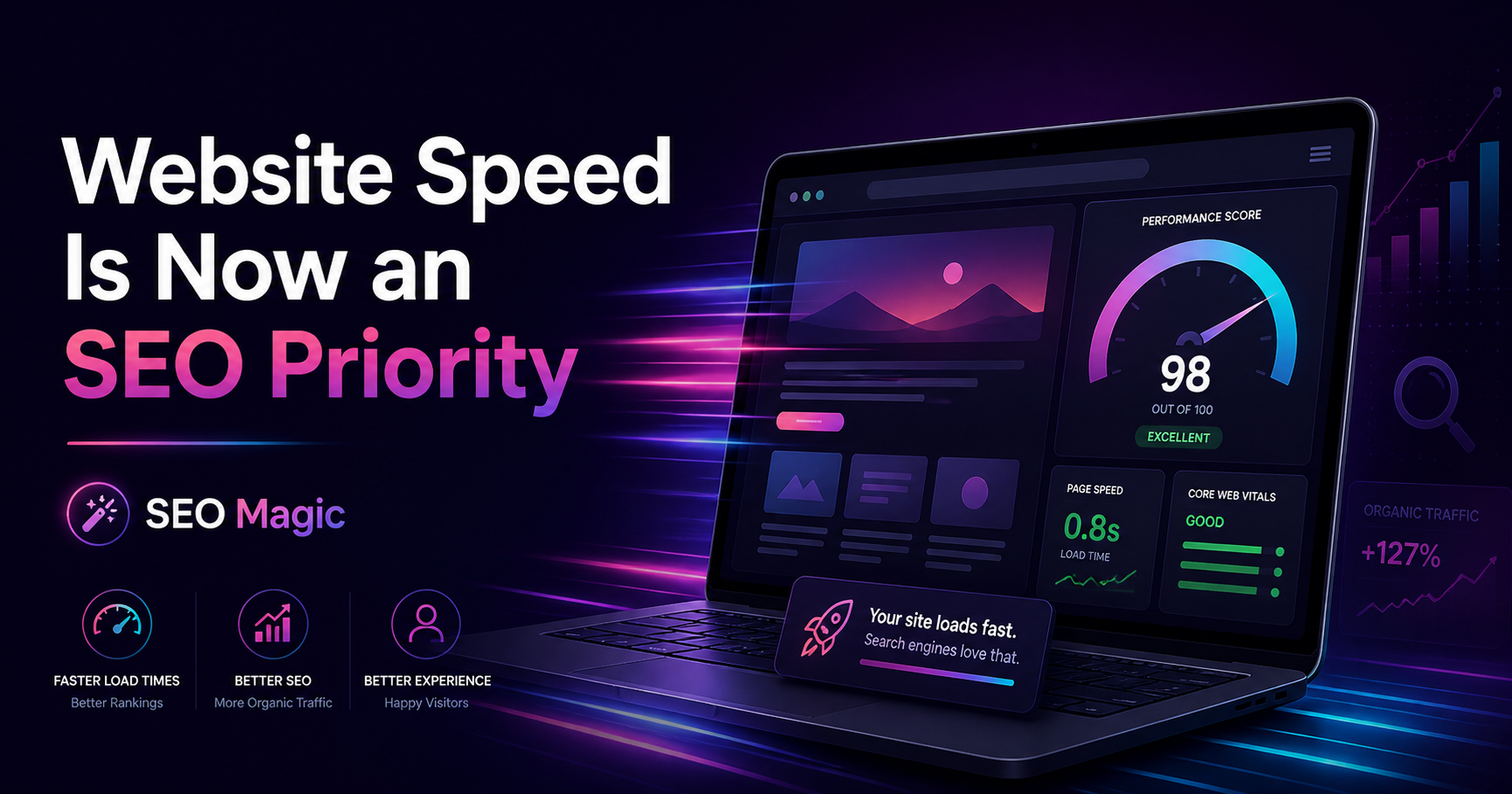 Laptop displaying an SEO dashboard with a 98 performance score, high-speed motion lines, and metrics for web optimization.